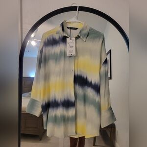 Zara Set  Multicolor Tie-Dye Button-Up Shirt & Pant- Yellow, Navy, Green, Cream